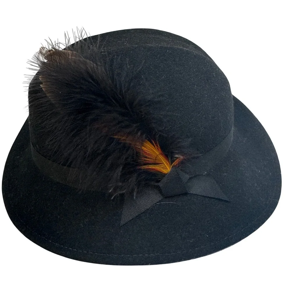 Vintage Lancaster Black 100% Wool Fedora Hat Feather Accent Made USA Unisex